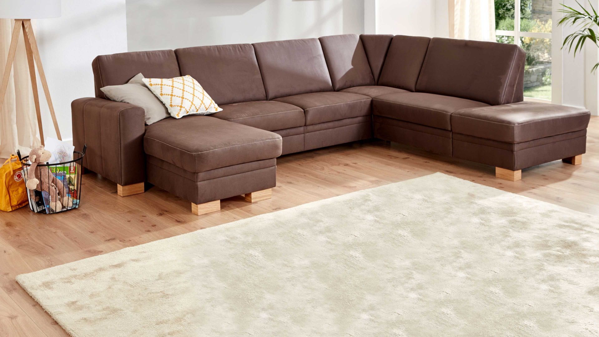 Ecksofa modulmaster aus Stoff in Braun Modulmaster MM-ZE1023 - Wohnlandschaft nougatfarbener Bezug Holiday & Eiche Bianco - Stellfläche ca. 319 x 241 cm